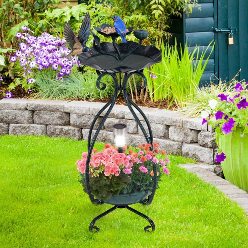 Gymax Solar Outdoor Bird Bath & Feeder Combo w/ Flower Planter Pedestal & Solar Lights