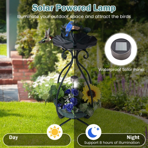 Gymax Solar Outdoor Bird Bath & Feeder Combo w/ Flower Planter Pedestal & Solar Lights