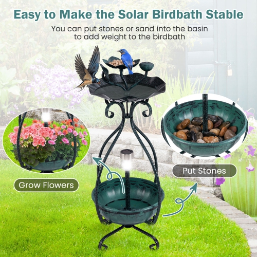 Gymax Solar Outdoor Bird Bath & Feeder Combo w/ Flower Planter Pedestal & Solar Lights