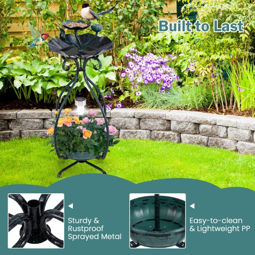 Gymax Solar Outdoor Bird Bath & Feeder Combo w/ Flower Planter Pedestal & Solar Lights