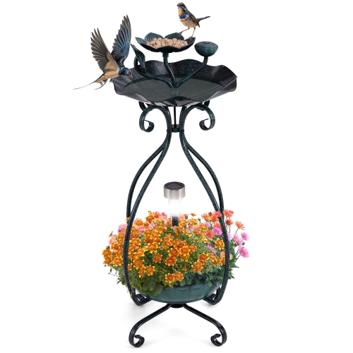 Gymax Solar Outdoor Bird Bath & Feeder Combo w/ Flower Planter Pedestal & Solar Lights