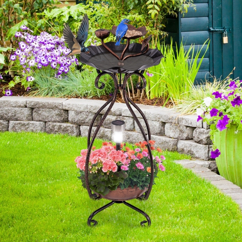 Gymax Solar Outdoor Bird Bath & Feeder Combo w/ Flower Planter Pedestal & Solar Lights