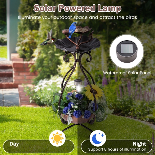 Gymax Solar Outdoor Bird Bath & Feeder Combo w/ Flower Planter Pedestal & Solar Lights