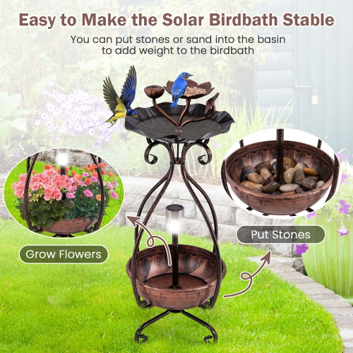 Gymax Solar Outdoor Bird Bath & Feeder Combo w/ Flower Planter Pedestal & Solar Lights