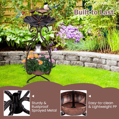 Gymax Solar Outdoor Bird Bath & Feeder Combo w/ Flower Planter Pedestal & Solar Lights