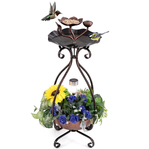 Gymax Solar Outdoor Bird Bath & Feeder Combo w/ Flower Planter Pedestal & Solar Lights
