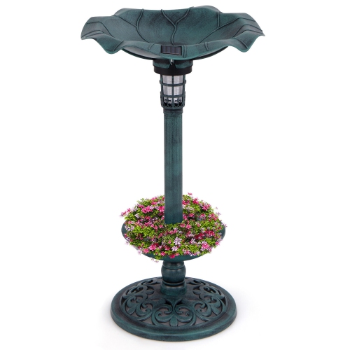 Gymax Solar Bird Bath Standing Pedestal Birdbath & Feeder Combo w/ Lotus Leaf Bowl