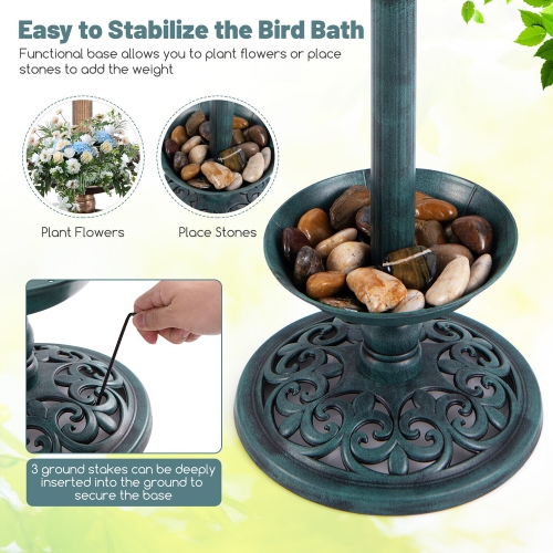 Gymax Solar Bird Bath Standing Pedestal Birdbath & Feeder Combo w/ Lotus Leaf Bowl