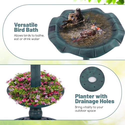 Gymax Solar Bird Bath Standing Pedestal Birdbath & Feeder Combo w/ Lotus Leaf Bowl