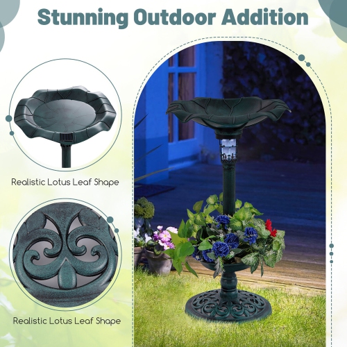 Gymax Solar Bird Bath Standing Pedestal Birdbath & Feeder Combo w/ Lotus Leaf Bowl
