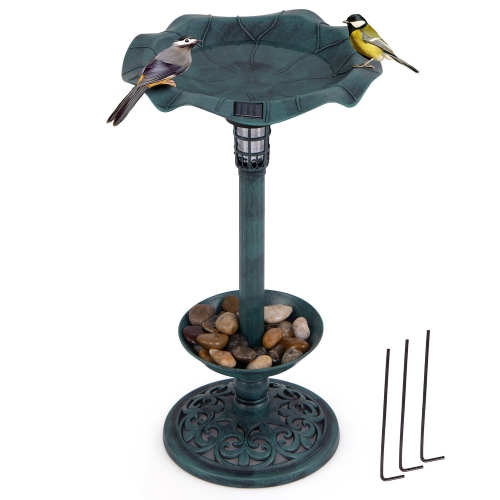 Gymax Solar Bird Bath Standing Pedestal Birdbath & Feeder Combo w/ Lotus Leaf Bowl