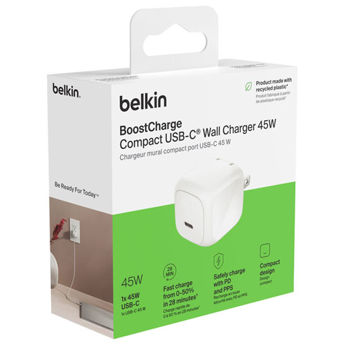 Belkin 45W USB-C Wall Charger with USB-C Cable - White