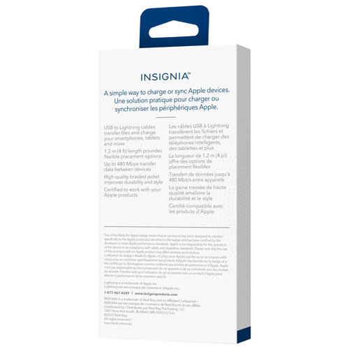 Insignia 1.2m (3.9 ft.) Braided USB-A to Lightning Cable (NS-MCA4AL2-C) - 2 Pack - White - Only at Best Buy