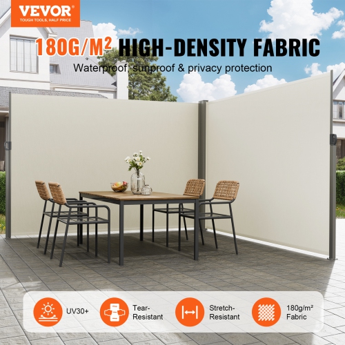 VEVOR 79''x 236'' Retractable Side Awning, Outdoor Privacy Screen, 180g Polyester Water-proof Retractable Patio Screen, UV 30+ Room Divider Wind