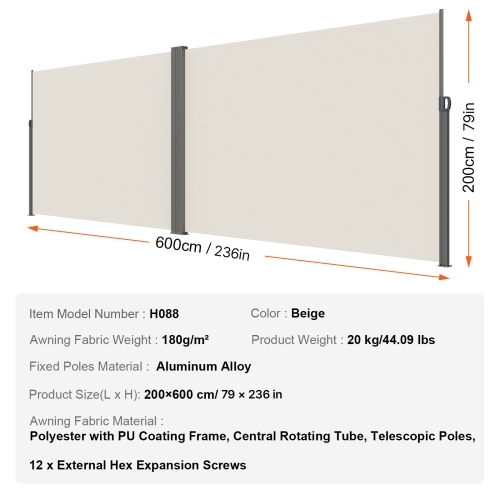 VEVOR 79''x 236'' Retractable Side Awning, Outdoor Privacy Screen, 180g Polyester Water-proof Retractable Patio Screen, UV 30+ Room Divider Wind