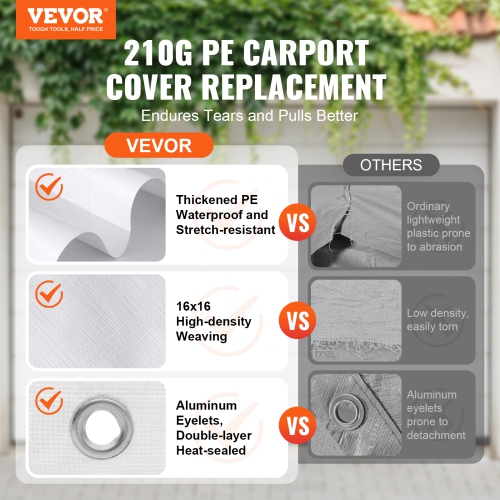 VEVOR 10 x 20 ft Carport Replacement Canopy Cover,Garage Top Tent Shelter Tarp Heavy-Duty Waterproof & UV Protected,with 40 Ball Bungees,White