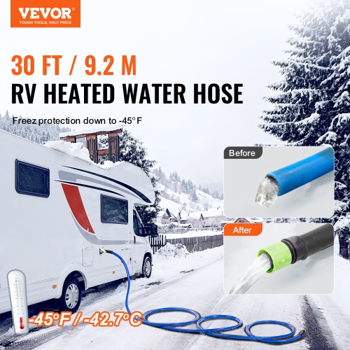 VEVOR 30ft Heated Water Hose for RV, Heated Drinking Water Hose Antifreeze to -45°F, Automatic Self-regulating, 5/8" I.D. with 3/4" GHT Adapter, Lead