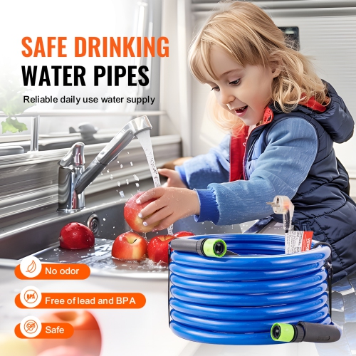 VEVOR 30ft Heated Water Hose for RV, Heated Drinking Water Hose Antifreeze to -45°F, Automatic Self-regulating, 5/8" I.D. with 3/4" GHT Adapter, Lead