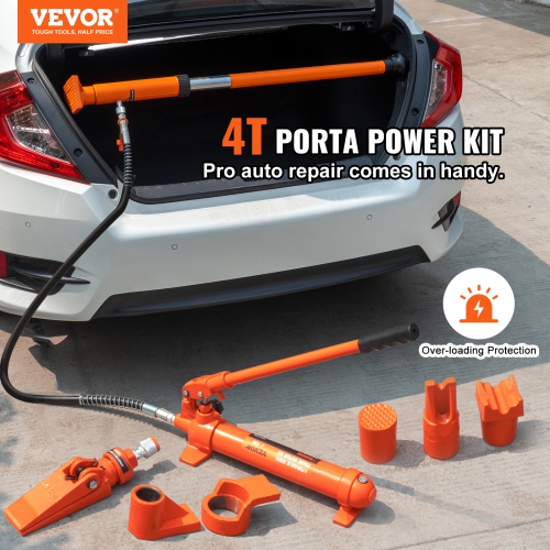 VEVOR 4 Ton Porta Power Kit, Portable Hydraulic Jack with 3.9 ft/1.2 m Oil Hose, Auto Body Frame Repair Kit with Storage Case for Car Repair, Truck,