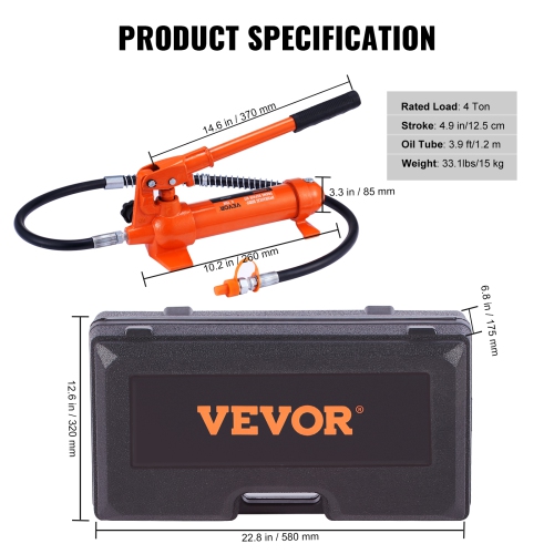 VEVOR 4 Ton Porta Power Kit, Portable Hydraulic Jack with 3.9 ft/1.2 m Oil Hose, Auto Body Frame Repair Kit with Storage Case for Car Repair, Truck,