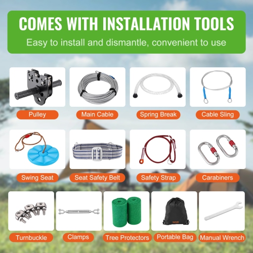 VEVOR 100 ft Zipline Kit for Kids and Adult, Zip Line Kits Up to 500 lb, Setup Zipline, Playground Entertainment with Stainless Steel Zipline, Spring