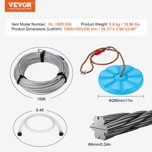 VEVOR 100 ft Zipline Kit for Kids and Adult, Zip Line Kits Up to 500 lb, Setup Zipline, Playground Entertainment with Stainless Steel Zipline, Spring