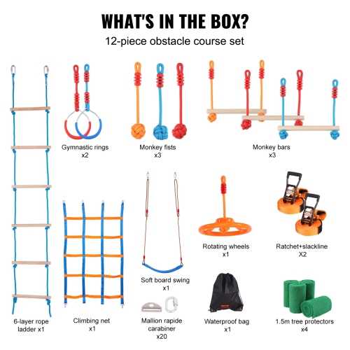 VEVOR 2 x 56 ft Ninja Warrior Obstacle Course for Kids,Weatherproof Slacklines, 500lbs Weight Capacity Monkey Line, Playset Equipment,Toys Training