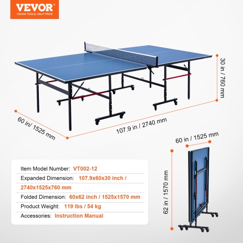 VEVOR 12mm Ping Pong Table,Professional Table Tennis Game,Indoor MDF Table Tennis Table,Ping Pong Table with Quick Clamp Net and Lockable Wheel, 10