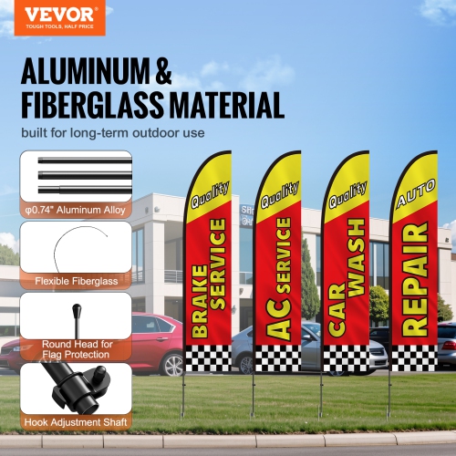 VEVOR 16.3 FT Auto Repair Advertising Feather Flag with Pole Kit, Advertising Flags for Business Outside, Includes 4 Banner Flags, 4 Poles, 4 Ground