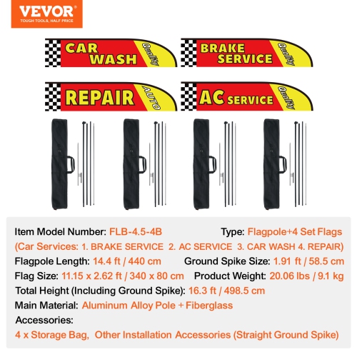 VEVOR 16.3 FT Auto Repair Advertising Feather Flag with Pole Kit, Advertising Flags for Business Outside, Includes 4 Banner Flags, 4 Poles, 4 Ground