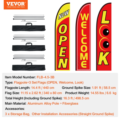 VEVOR 16.3 FT Open Flags with Pole Kit, Advertising Flags for Business Outside, Advertising Feather Flag Kit, 3 Flags, 3 Poles,3 Ground Stakes,
