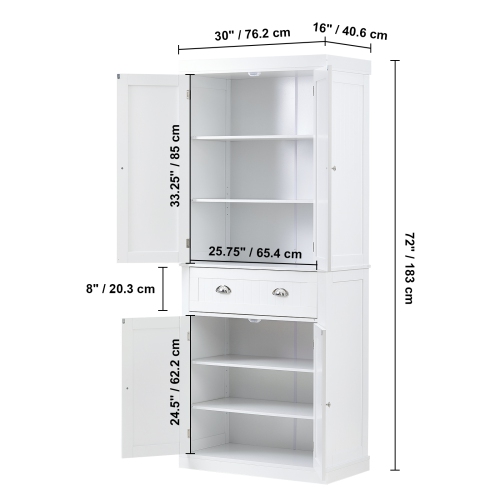 VEVOR 72" Kitchen Pantry Storage Cabinet, Freestanding Utility Cabinets with Doors, Drawer and 3 Adjustable Shelves, Tall Food Buffet Pantries for