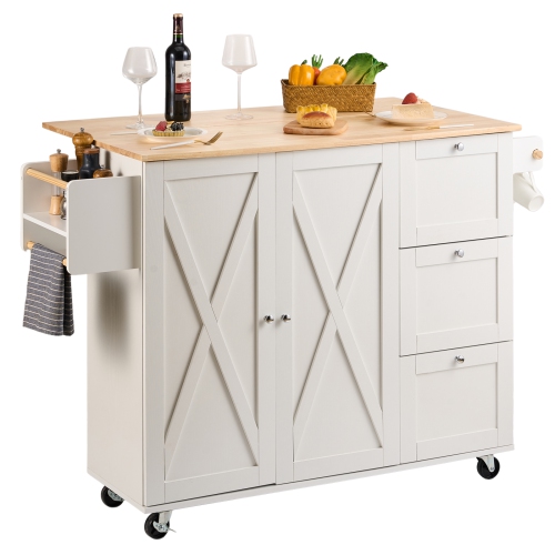VEVOR 45.3" Width Kitchen Island Cart with Solid Wood Top, Mobile Carts with Storage Cabinet, Rolling Kitchen Table with Spice Rack, Towel Rack, Drop
