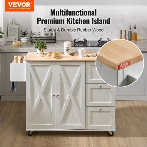 VEVOR 45.3" Width Kitchen Island Cart with Solid Wood Top, Mobile Carts with Storage Cabinet, Rolling Kitchen Table with Spice Rack, Towel Rack, Drop