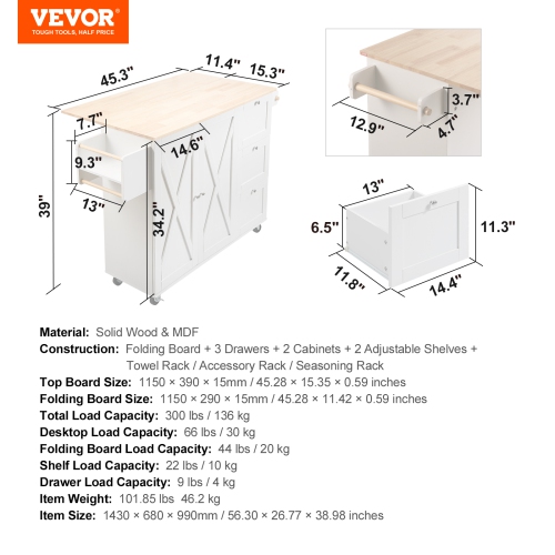 VEVOR 45.3" Width Kitchen Island Cart with Solid Wood Top, Mobile Carts with Storage Cabinet, Rolling Kitchen Table with Spice Rack, Towel Rack, Drop