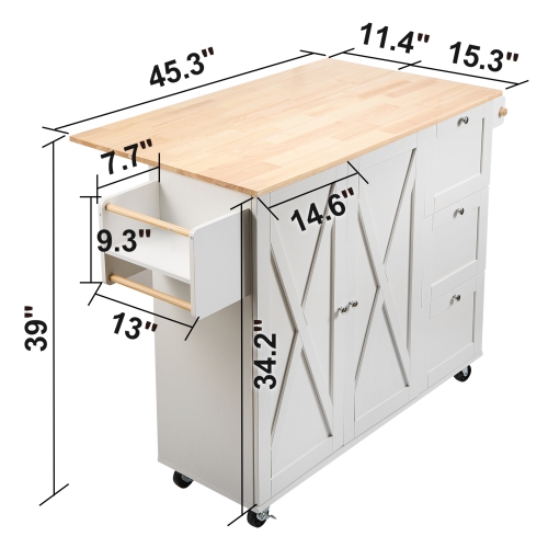 VEVOR 45.3" Width Kitchen Island Cart with Solid Wood Top, Mobile Carts with Storage Cabinet, Rolling Kitchen Table with Spice Rack, Towel Rack, Drop