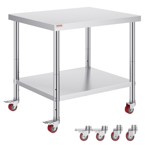 VEVOR 36 x 30 x 34 Inch Stainless Steel Work Table, 700 LBS Load Capacity with 4 Wheels, 3 Adjustable Height Levels, Heavy Duty Food Prep Worktable