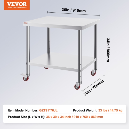 VEVOR 36 x 30 x 34 Inch Stainless Steel Work Table, 700 LBS Load Capacity with 4 Wheels, 3 Adjustable Height Levels, Heavy Duty Food Prep Worktable