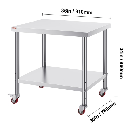 VEVOR 36 x 30 x 34 Inch Stainless Steel Work Table, 700 LBS Load Capacity with 4 Wheels, 3 Adjustable Height Levels, Heavy Duty Food Prep Worktable