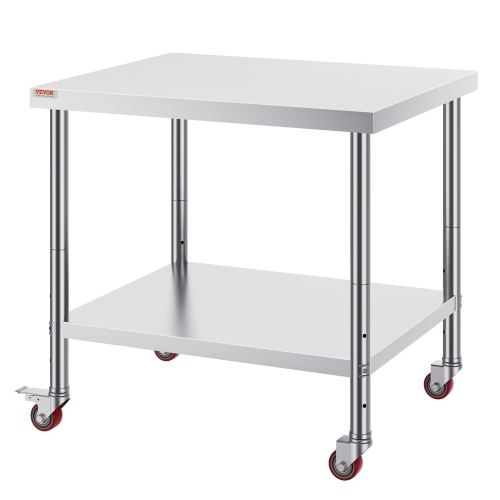 VEVOR 36 x 30 x 34 Inch Stainless Steel Work Table, 700 LBS Load Capacity with 4 Wheels, 3 Adjustable Height Levels, Heavy Duty Food Prep Worktable