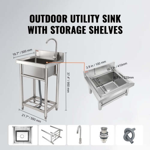 VEVOR 16 x 13 x 8.7 in Stainless Steel Utility Sink, 1 Compartment Free Standing Small Sink Include Faucet & legs, Commercial Single Bowl Sinks for