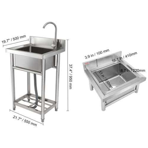 VEVOR 16 x 13 x 8.7 in Stainless Steel Utility Sink, 1 Compartment Free Standing Small Sink Include Faucet & legs, Commercial Single Bowl Sinks for