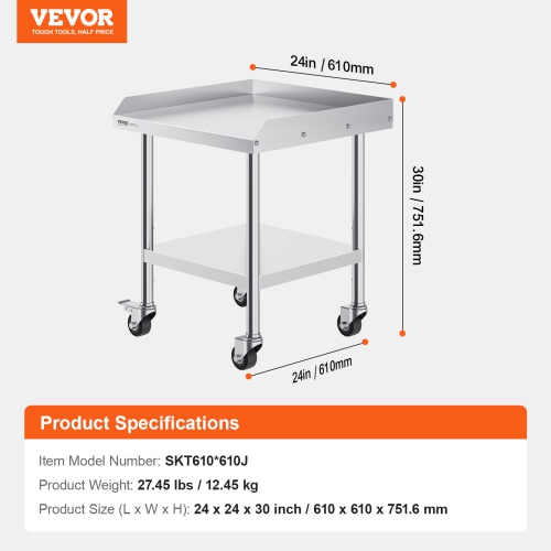 VEVOR 24 x 24 x 30 Inch Stainless Steel Work Table, Commercial Food Prep Worktable with 4 Wheels, Casters, 3-Sided Backsplash Heavy Duty Prep