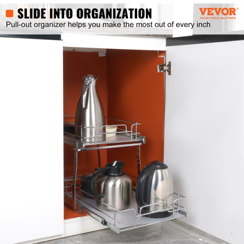 VEVOR 2 Tier 13"W x 21"D Pull Out Cabinet Organizer, Heavy Duty Slide Out Pantry Shelves, Chrome-Plated Steel Roll Out Drawers, Sliding Drawer