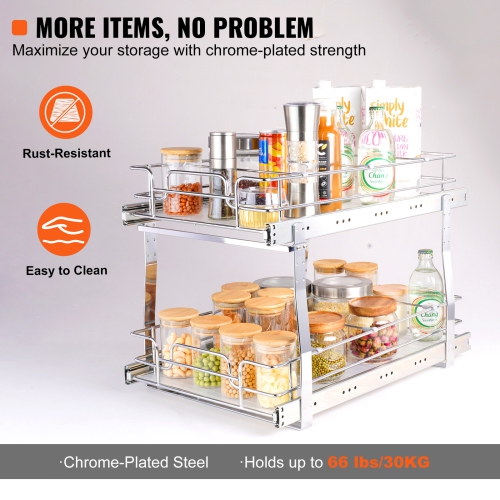 VEVOR 2 Tier 13"W x 21"D Pull Out Cabinet Organizer, Heavy Duty Slide Out Pantry Shelves, Chrome-Plated Steel Roll Out Drawers, Sliding Drawer