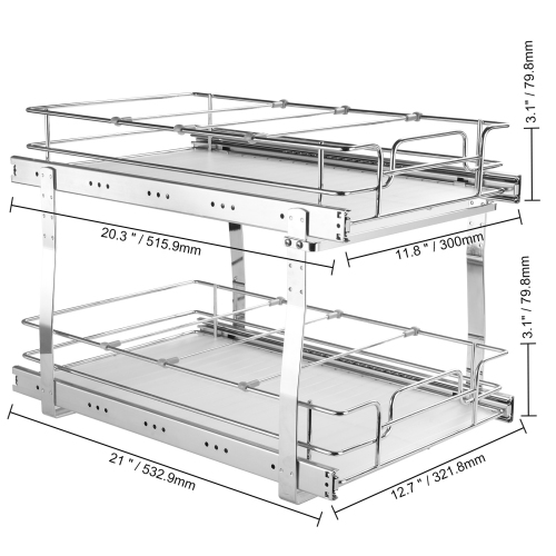 VEVOR 2 Tier 13"W x 21"D Pull Out Cabinet Organizer, Heavy Duty Slide Out Pantry Shelves, Chrome-Plated Steel Roll Out Drawers, Sliding Drawer