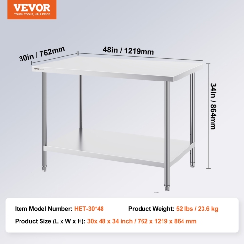 VEVOR 30 x 48 x 34 Inch Stainless Steel Prep Table, 880 lbs Load Capacity, Heavy Duty Metal Worktable with 3 Adjustable Height Levels, Commercial