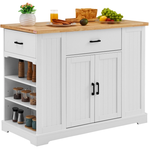 VEVOR 46" Kitchen Island Cart, Wood Top Breakfast Bar with Storage Cabinet, Farmhouse Kitchen Table with Adjustable Shelf, Drawer, for Dining Kitchen