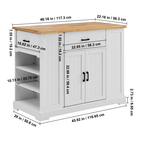 VEVOR 46" Kitchen Island Cart, Wood Top Breakfast Bar with Storage Cabinet, Farmhouse Kitchen Table with Adjustable Shelf, Drawer, for Dining Kitchen