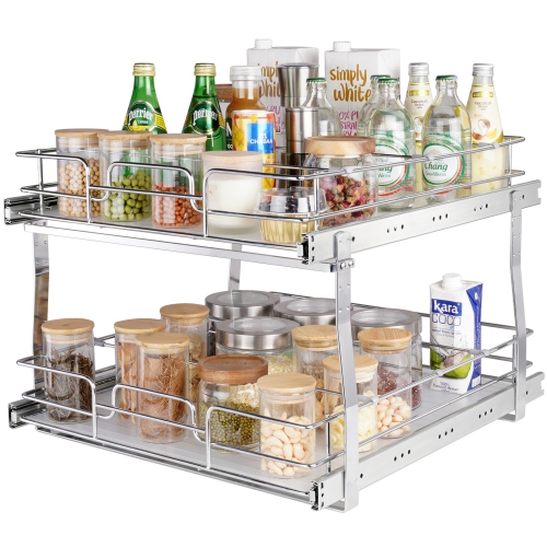 VEVOR 2 Tier 19"W x 20"D Pull Out Cabinet Organizer, Heavy Duty Slide Out Pantry Shelves, Chrome-Plated Steel Roll Out Drawers, Sliding Drawer